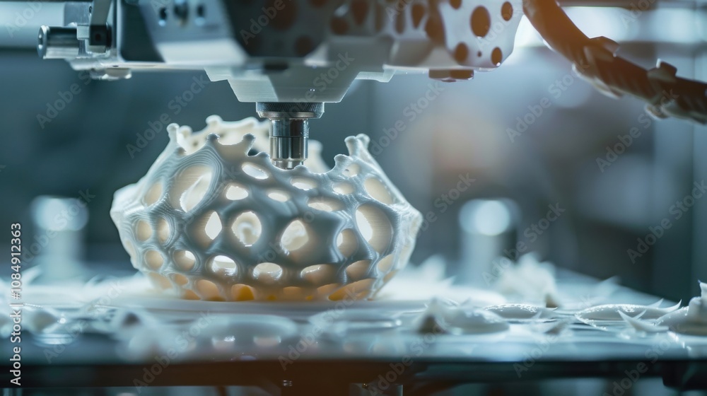 Poster Capture the spirit of innovation with a close-up of a 3D printer creating a complex object, 3D printing scene, Futuristic style