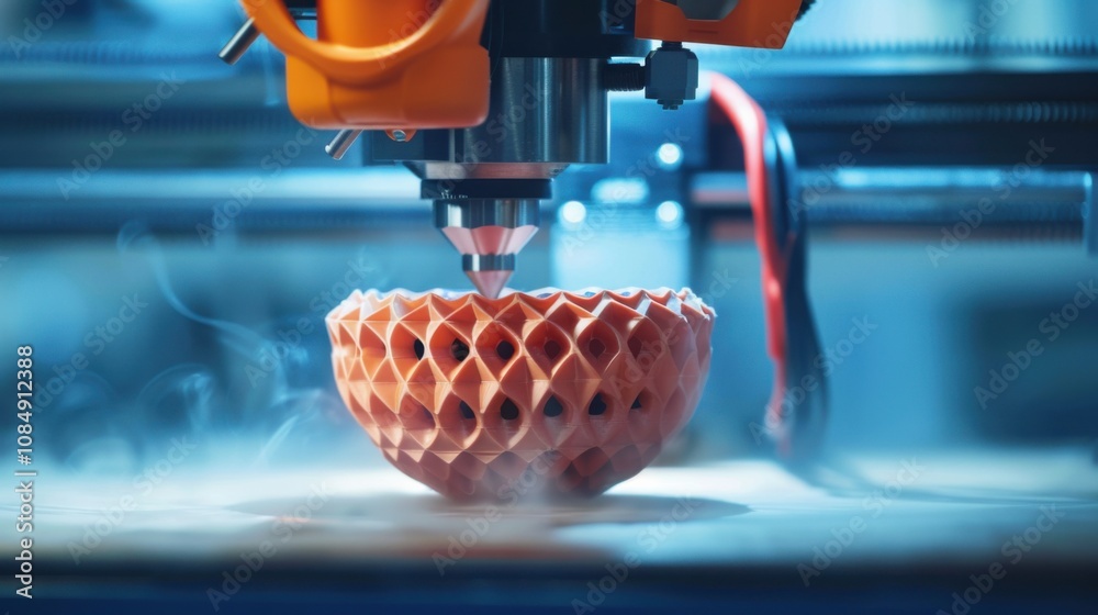 Poster Capture the spirit of innovation with a close-up of a 3D printer creating a complex object, 3D printing scene, Futuristic style