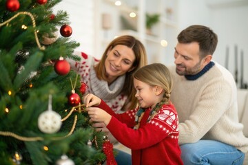 A family joyfully decorates their Christmas tree with ornaments and lights in a warm home.
