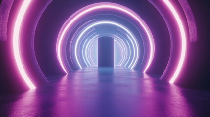 Obraz premium 3D circular stage neon light halo door spiral curve futuristic cyberpunk purple blue background. glow round frame laser ring abstract cosmic cyberspace fashion wallpaper