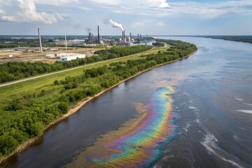 Fototapeta premium A vibrant rainbow sheen reflects on the river near a large industrial complex.