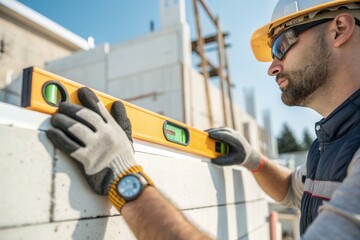 A construction worker uses a level to ensure the concrete wall is straight at the site.