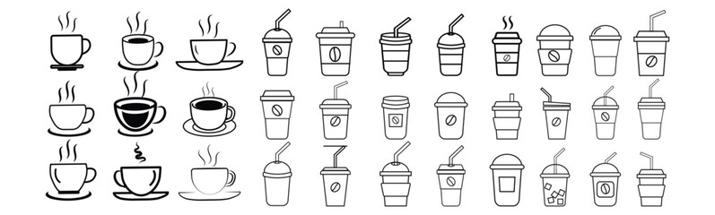 Cup line icon set. Disposable coffee cup.  beverage, tea, coffee cup icon/symbol. Coffee paper cup, plastic container for hot and cold drink, juice, tea. Vector illustration.