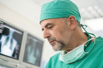 A surgeon focuses intently on X-rays while preparing for a patient consultation in the hospital.