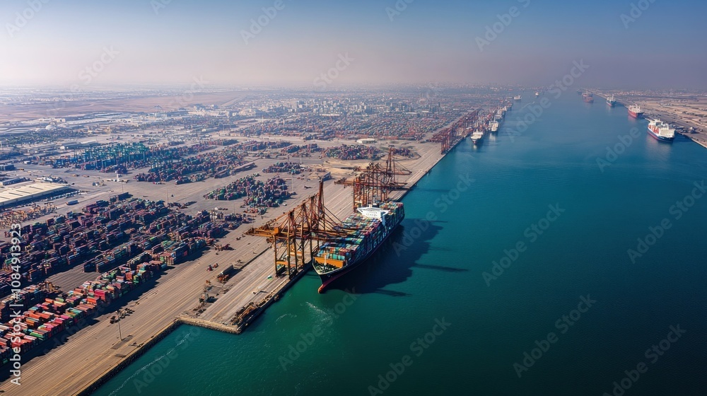 Poster aerial view of a busy cargo port with ships and cranes