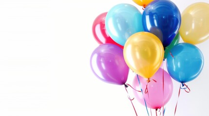 Colorful celebration balloons against a pristine white background, Festive atmosphere scene, Playful style
