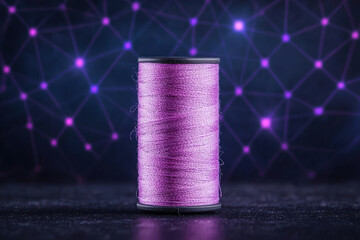 Holographic thread spool in vibrant pink color against digital grid background, showcasing modern and artistic design. Perfect for creative projects and crafts