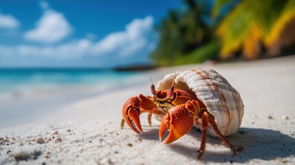 Closeup of a hermit crab on a tropical beach