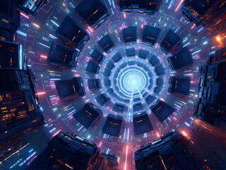 Fototapeta premium Vivid futuristic tunnel with glowing lights and intricate patterns at night, illustrating advanced technology and digital art