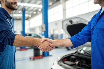 Two mechanics in blue coveralls shake hands in a well-lit service center after completing car repairs. The atmosphere is professional, showcasing teamwork and satisfaction with the completed work on t