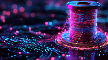 vibrant mechanized spool with colorful threads weaving through digital landscape, showcasing blend of technology and creativity. glowing threads create mesmerizing visual effect