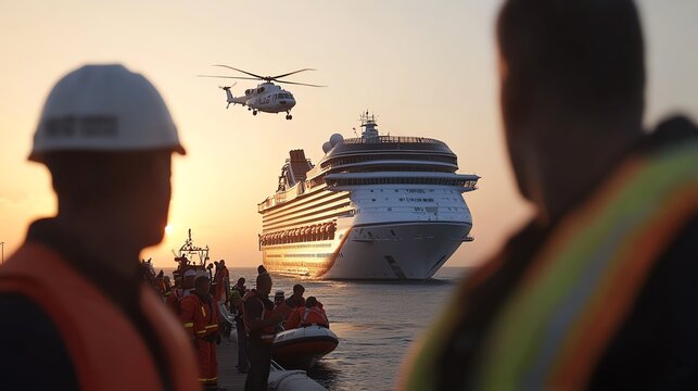 A dramatic rescue operation near a cruise ship, with helicopters and lifeboats in action