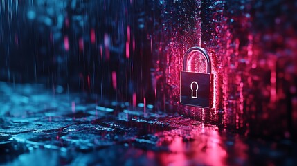 Red glowing padlock on the wall Cuber security concept