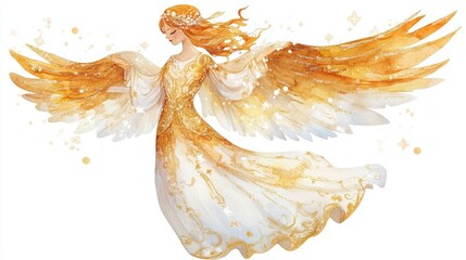 A Christmas angel figure, decorative ornament, soft watercolor painting, gold and white tones, isolated on white background
