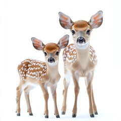 Fototapeta premium Antlered deer and fawn standing gracefully, isolated on a clean white background, showcasing their natural beauty, delicate features, and strong bond, perfect for wildlife and nature-themed concepts.