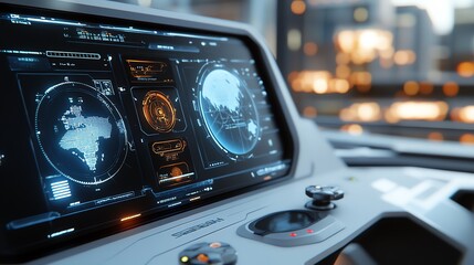 Obraz premium A hightech navigation room with futuristic control panels and holographic displays, showing the ship s journey