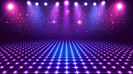 Obraz premium 3D futuristic retro grid purple blue neon light technology digital grid abstract background copy space. pattern with rays lines and dots club bar disco geometric cyberpunk dance LED wallpapaer