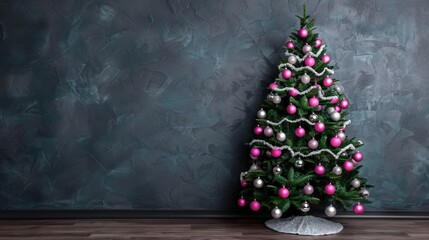 Pink & silver Christmas tree against a dark wall.