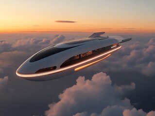 Obraz premium A levitating cruise ship powered by futuristic technology, gliding through clouds above an ocean