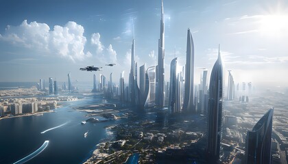 Obraz premium A futuristic cityscape with towering skyscrapers and flying vehicles, set against a backdrop of a clear blue sky and fluffy clouds. 