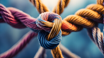 A knot is tied between four ropes