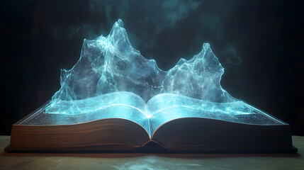 A futuristic book with interactive holographic pages that display dynamic 3D visuals, allowing readers to explore content through touch and gestures 