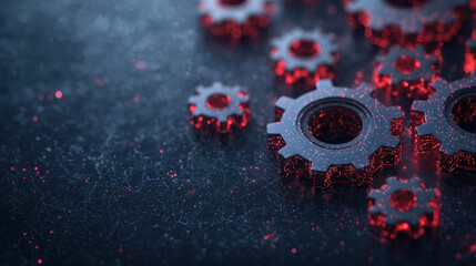Abstract gears with glowing red design create striking visual on dark background, evoking sense of innovation and technology