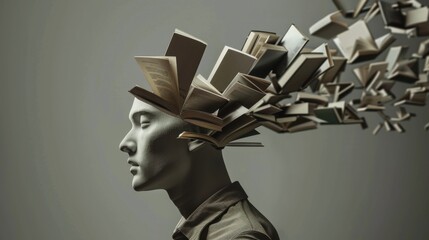 Half-bust with an open head from which books are floating out, on a neutral background, symbolizing the endless pursuit of knowledge