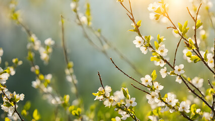 A field of white flowers with a bright sun shining on them