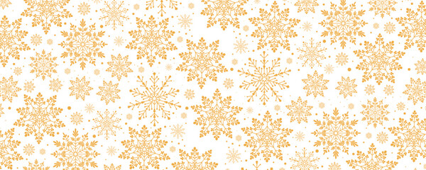 Golden snowflakes and stars pattern Christmas background. 