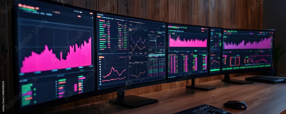 Poster a multi-screen setup displaying colorful graphs and data analytics, showcasing financial trends and 
