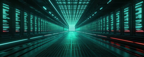 A futuristic data center with glowing lines and a high-tech atmosphere, showcasing advanced technology and digital infrastructure.