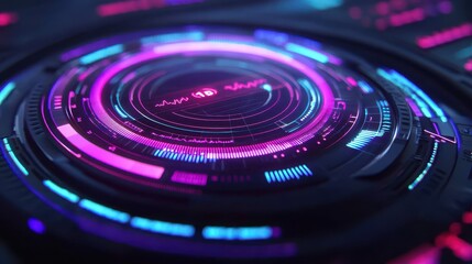 A vibrant digital abstract design featuring circular patterns in neon colors, evoking a futuristic and technological aesthetic.