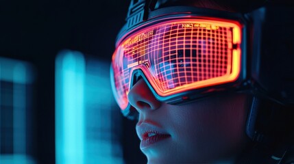 A futuristic close-up of a person wearing glowing neon goggles, highlighting a blend of technology and style in a vibrant, digital environment.