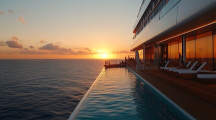 An infinityedge pool seamlessly blending into the ocean, with passengers swimming and enjoying the sunset view