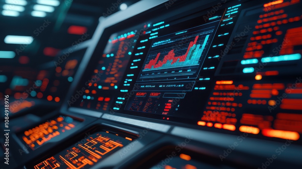 Poster a futuristic control panel displaying vibrant data visualizations and graphs in a high-tech environm