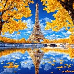 Autumnal View of Eiffel Tower and Seine River with Yellow Trees in Paris, France