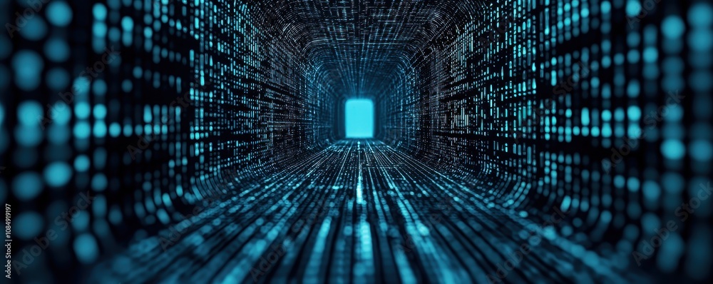 Poster a futuristic digital tunnel filled with glowing blue binary code, leading to a bright exit, symboliz