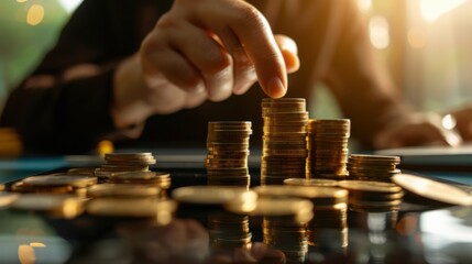 Illustrate the concept of personal finance with a person managing investments and financial assets on a digital tablet, Personal finance management scene, Financial style