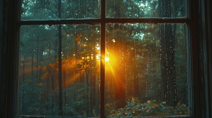 Rain on Window Creates a Magical Forest Sunset with Natural Light