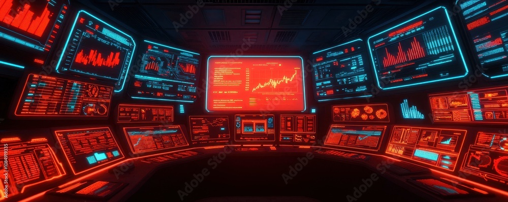 Poster a futuristic control room filled with glowing screens and data visualizations, showcasing a high-tec