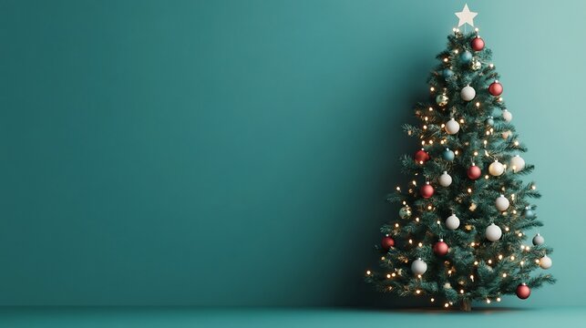 Festive Christmas Tree with Lights and Ornaments,Side Layout for Text,3D
