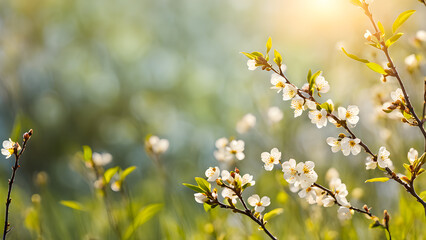 A field of white flowers with a bright sun shining on them
