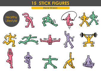 健康的な生活セット。手描きの棒人間。	