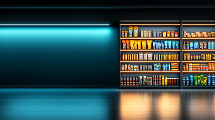 grocery store aisle filled with various products, showcasing vibrant packaging and organized shelves. modern design creates welcoming atmosphere for shoppers