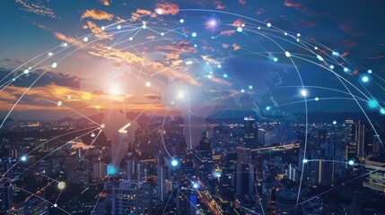 Illustrate the impact of globalization with a collage of international landmarks interconnected by travel routes, Globalization scene, Cultural style