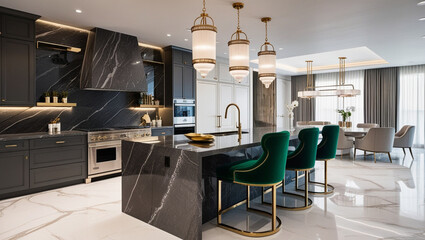 Modern Luxury Kitchen with Dark Gray Marble, Emerald Velvet Stools, Gold Accents, and Open-Concept Design