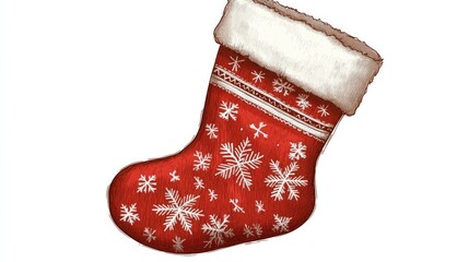 A Christmas stocking, holiday decoration, hand-drawn sketch style, red and white traditional colors, isolated on white background