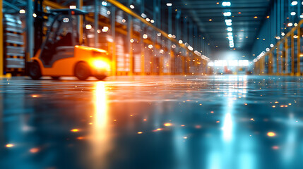 logistics center with forklift moving on shiny floor, illuminated by ambient lights, creating dynamic and efficient atmosphere