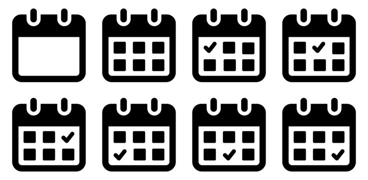 Calendar icon collection. Calendar icon with check mark, indicating a completed schedule, appointment, agenda or task. Simple black fill vector